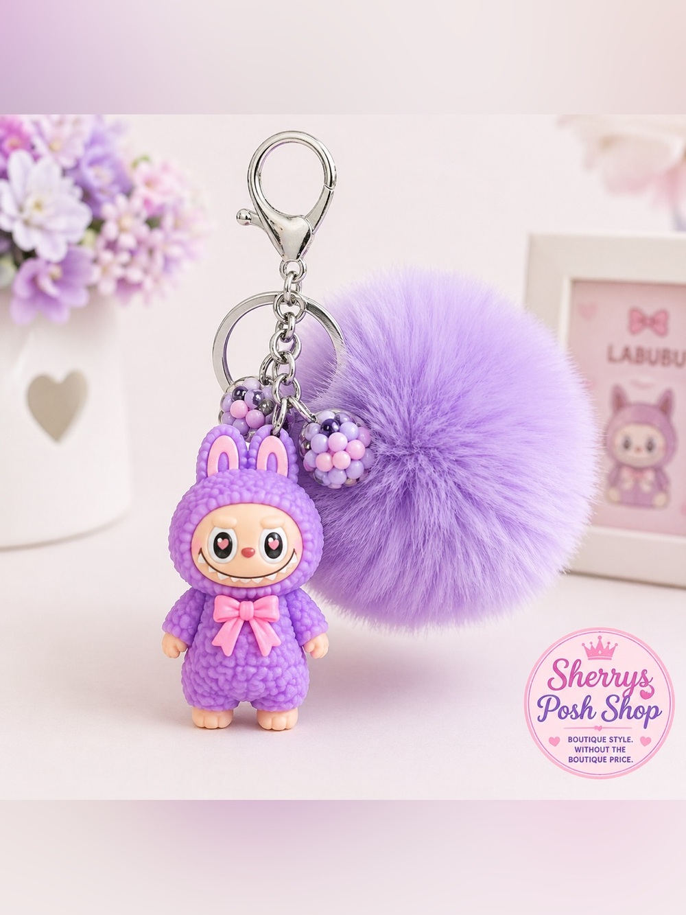 Lilac Pom Pom Keychain Cute Doll Charm Labubu Inspired Purple Bag Accessory